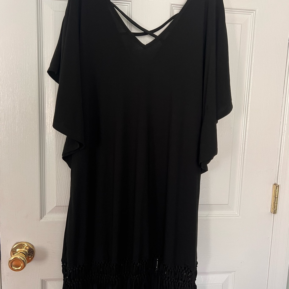 Soma Black V-Neck Top with Crisscross Back and Fringe Trim